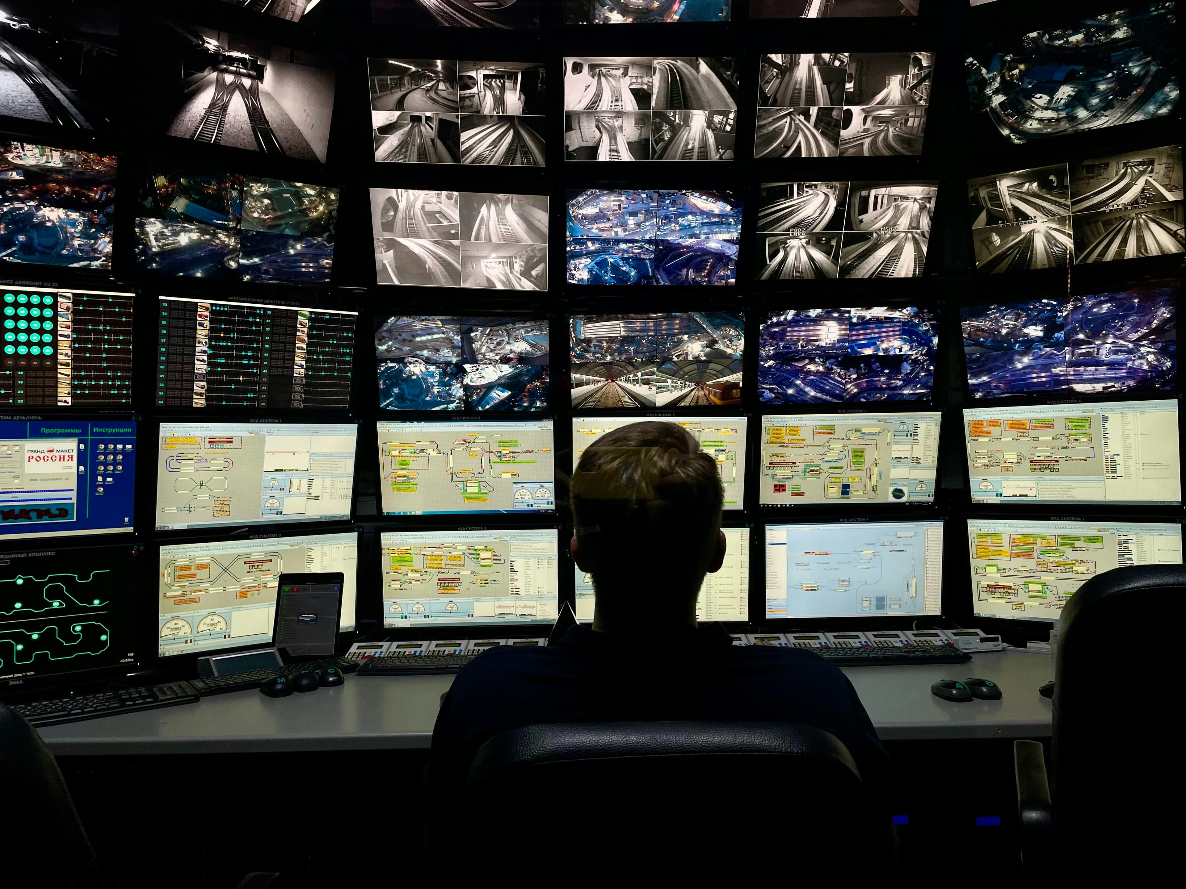 A surveillance control room wall of live CCTV camera feeds